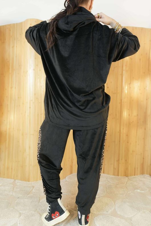 Binky Leopard Soft Stretch Velour Hoodie Lounge Suit Black